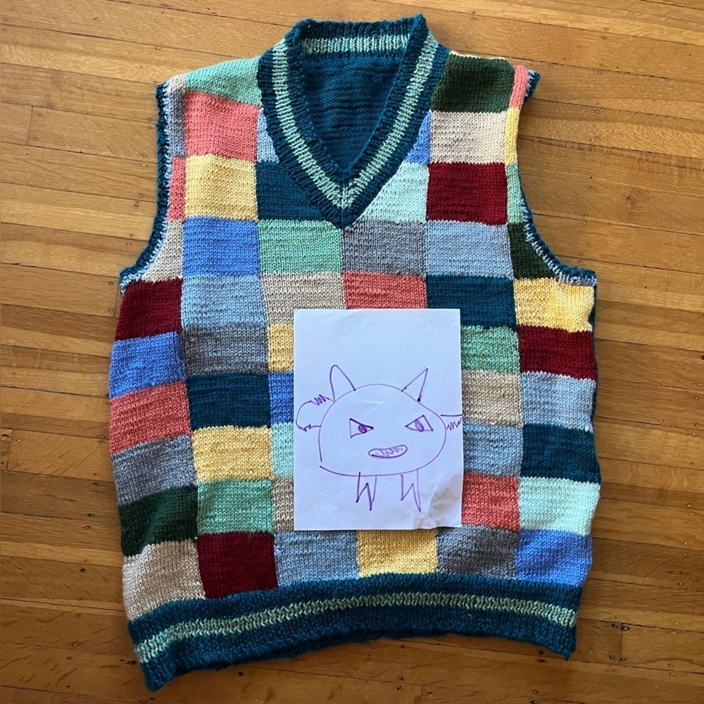 Handknit handmade colorful patchwork sweater vest eclectic grandpa plaid L XL M